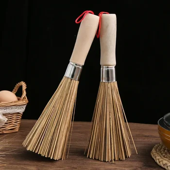 Бамбук скрубер за почистване на тенджери, четка за миене на съдове с дървена дръжка за домашна кухня, ръчно почистване на чугунени тенджери-тигани