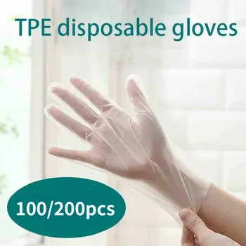За фризьорски чисти работни гумени ръкавици 100 бр Прозрачен винил, ръкавици TPE, ръкавици без латекс за лабораторни упражнения