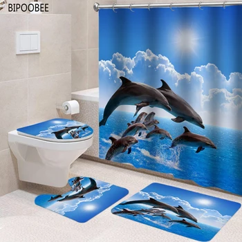 Завеса за душ с 3D океански делфина, комплект постелки за баня с принтом морски пейзажи, капака на тоалетната чиния, мини постелки, Завеси за баня с куки