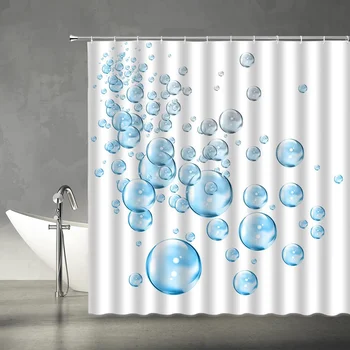 Завеса за душ с мехурчета Съвременната Абстрактна Хладно и светло синята вода с художествен принтом под формата на мехурчета Креативна Бяла кърпа за домашен интериор Куки за набиране баня