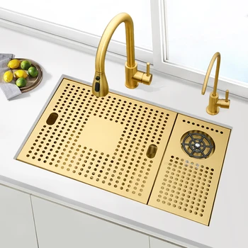 Леки Луксозни Златни Кухненски мивки Nordic Кухненски Принадлежности за миене на съдове От неръждаема стомана с един прорезем за барного плот, Мивка за измиване на чаши