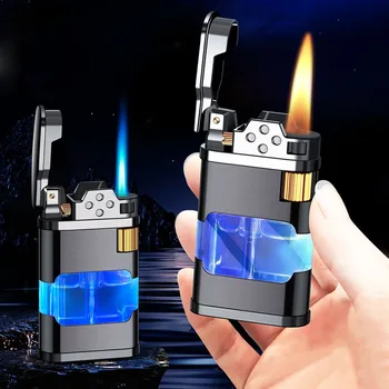 Нова Прозрачна Складовата Газова Запалка Flame Metal Факел Turbo Необичайни Творчески Ветрозащитный Син Бутановый Запалки За Пури Мъжки Притурка