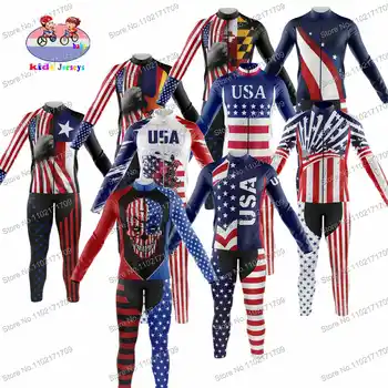 Пролетен комплект тениски на детска велокоманды САЩ 2024 г. за момичета и момчета с дълъг ръкав, велосипедна дрехи с флага на САЩ и черепа, бебешки комплекти за колоезденето