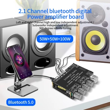 Такса Усилвател Bluetooth, HiFi Стерео 2X50 W + 100 W Модул Усилвател на Мощност на Звука с Управлението на Бас и Високи Честоти за Колони за Домашно Магазин