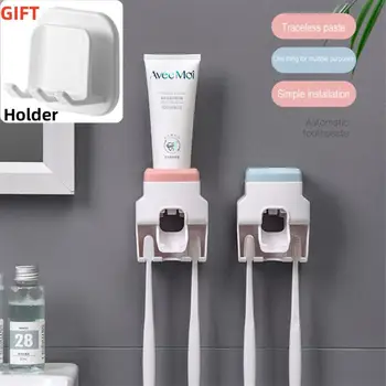 Творчески автоматичен опаковка на паста за зъби за стенен монтаж и малък държач за четка за зъби, Сокоизстисквачка за паста за зъби за семейна душа и баня