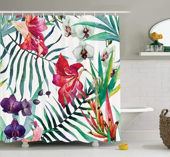 Тропически цветя дива орхидея с принтом от палмови листа, Екзотична стил, произведение на изкуството на природата, Набор от завесата за душа в банята